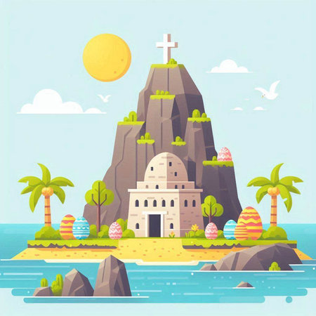 Vector cartoon illustration of Christian church on the island in the sea.のイラスト素材