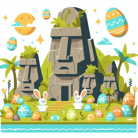 Easter egg hunt with rabbit and eggs. Vector illustration in flat styleのイラスト素材