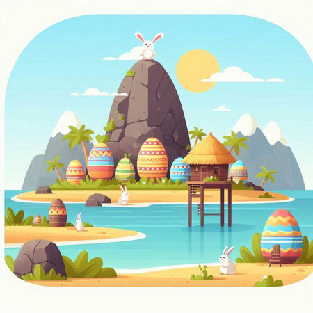 Easter vector illustration with eggs on the beach in flat style.のイラスト素材