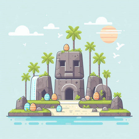 Vector illustration of an island with a castle, palm trees and a waterfall.のイラスト素材