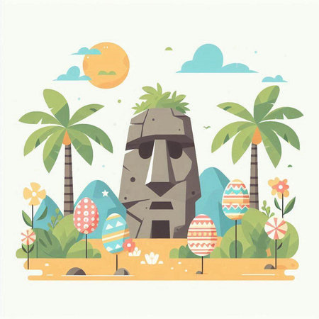 Vector illustration of a flat design of an Easter island with eggs.のイラスト素材