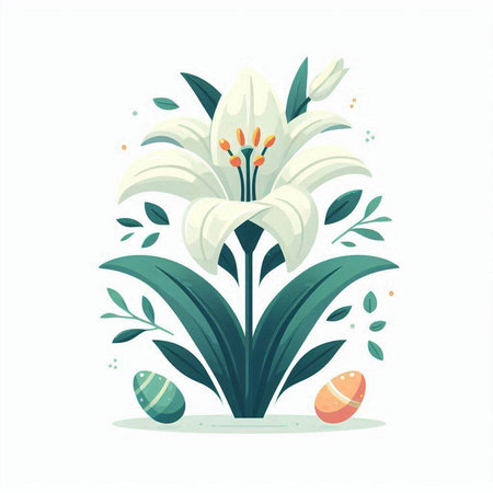 Easter greeting card with white lily and eggs. Vector illustration.のイラスト素材
