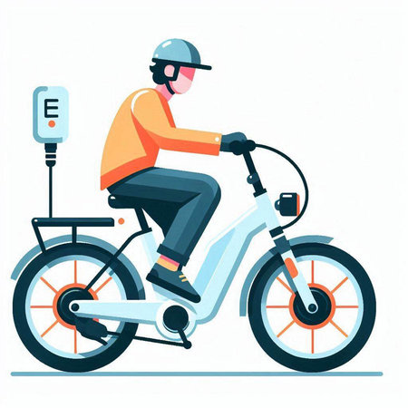 Vector illustration of delivery man in helmet riding bicycle. Delivery man with parcel box.のイラスト素材