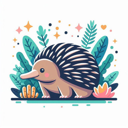Cartoon vector illustration of cute echidna standing in the garden.のイラスト素材
