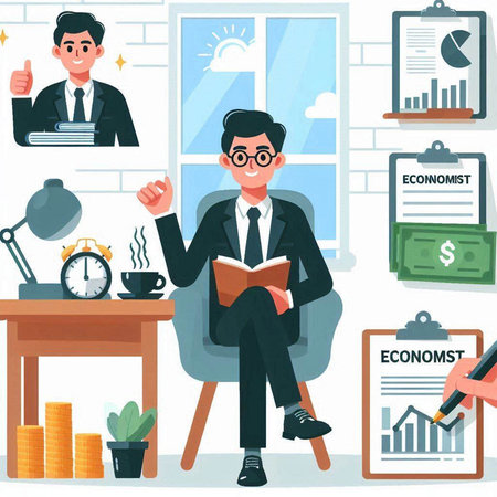 Businessman in office. Vector illustration in flat cartoon style. Businessman sitting at desk and reading book.のイラスト素材