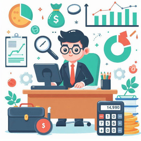 Businessman working at his desk. Vector illustration in cartoon style.のイラスト素材
