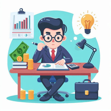 Businessman sitting at the desk and working with financial report, vector illustrationのイラスト素材