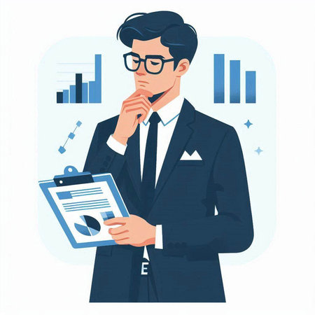 Businessman with documents and charts. Vector illustration in flat style.のイラスト素材