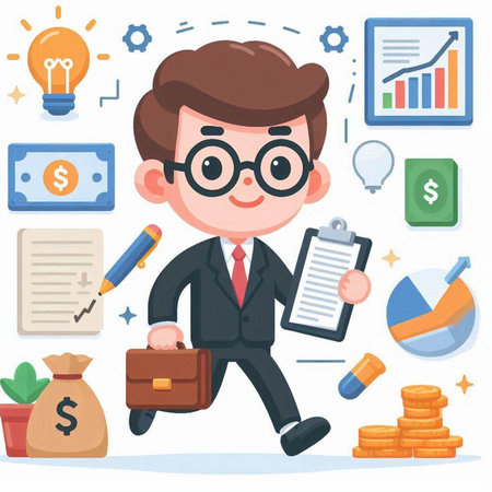 Businessman with briefcase and money. Vector illustration in cartoon styleのイラスト素材