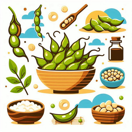 Soybean pods and soy sauce in bowl. Vector illustration.のイラスト素材