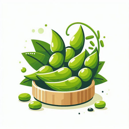 Fresh green soybeans in wooden bowl isolated on white background. Vector illustration.のイラスト素材