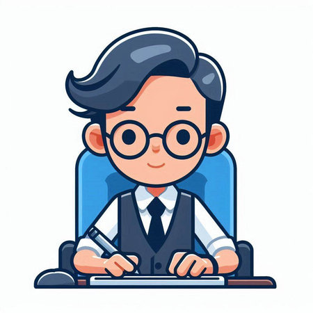 Businessman sitting at desk and writing in notebook. Vector illustration.のイラスト素材