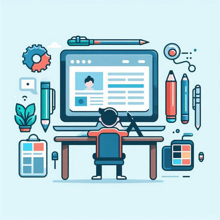 Businessman working on computer in office. Flat style vector illustration.のイラスト素材