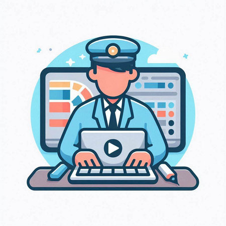 Vector illustration of police officer working on laptop in flat design style.のイラスト素材
