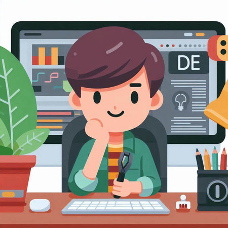 A vector illustration of a boy sitting at his desk in front of computerのイラスト素材