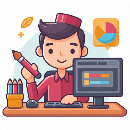 Illustration of a man working at his desk. Vector illustration.のイラスト素材