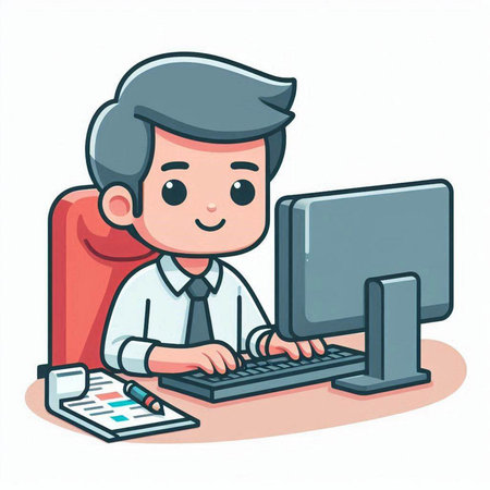 Businessman working on computer in office. Vector illustration in cartoon style.のイラスト素材