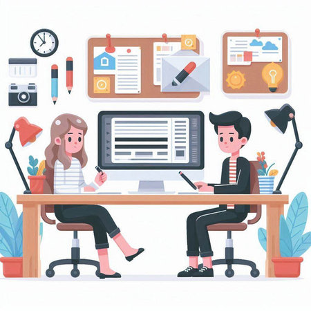 Businessman and businesswoman working on computer in office. Vector illustrationのイラスト素材