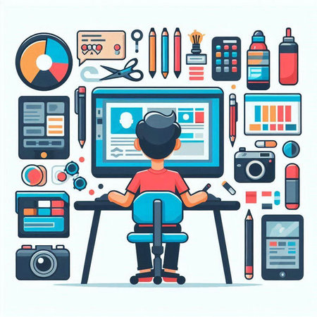 Vector illustration of a man sitting at a table with a computer.のイラスト素材