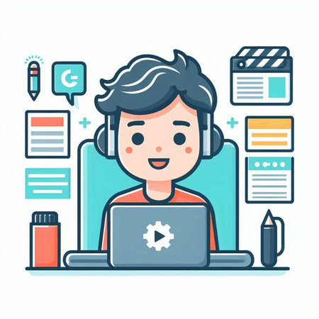 Online education concept. Cute boy with laptop and headphones. Vector illustration.のイラスト素材