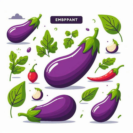 Eggplant and vegetables. Vector illustration in flat style on white background.のイラスト素材