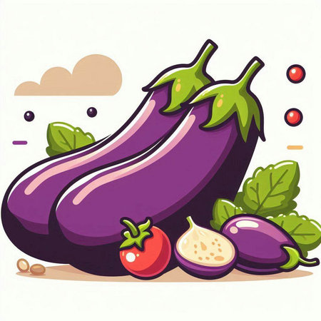 Illustration of fresh eggplant and tomato on a white background.のイラスト素材