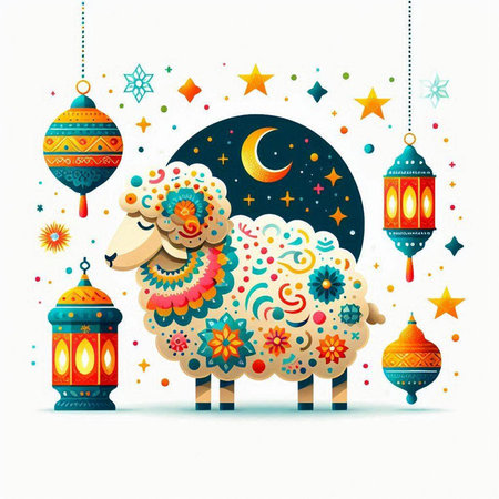 Ramadan Kareem greeting card with arabic lanterns and sheepのイラスト素材