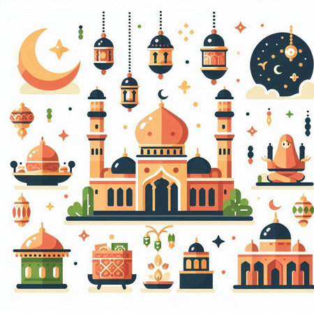 Vector illustration of Eid Mubarak with mosque, crescent and moon.のイラスト素材