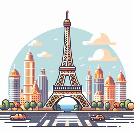 Eiffel Tower on the background of the city. Vector illustrationのイラスト素材