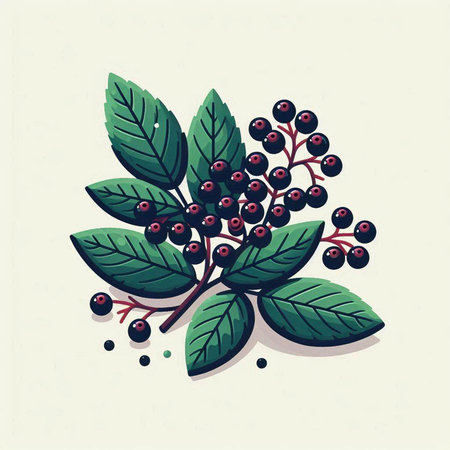 Branch of black elderberry with leaves and berries. Vector illustration.のイラスト素材