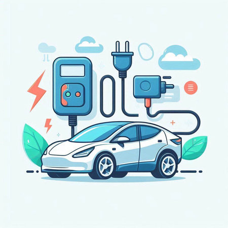 Electric car and charging station. Vector illustration in flat cartoon style.のイラスト素材