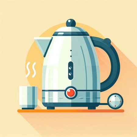 Electric kettle and cup of coffee. Vector illustration in flat style.のイラスト素材
