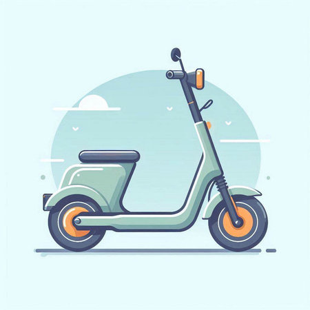 Vector illustration of a scooter in flat design style on a blue background.のイラスト素材