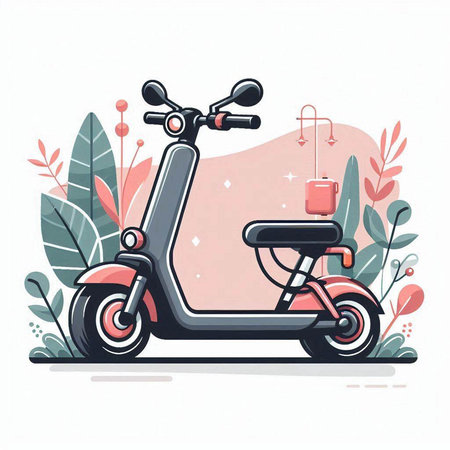 Modern scooter in flat style on the background of leaves. Vector illustration.のイラスト素材