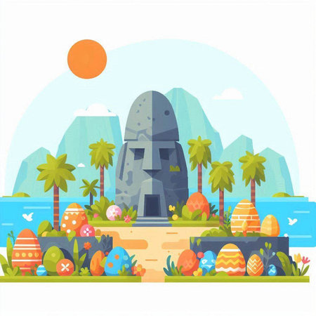Easter eggs on the beach. Vector illustration in flat style.のイラスト素材