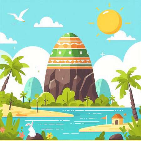 Vector illustration of island in flat cartoon style. The island is surrounded by palm trees and sea.のイラスト素材