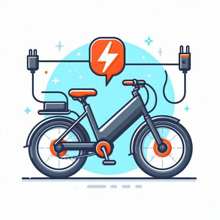 Electric bike with charging cable. Ecological transport. Vector illustration.のイラスト素材