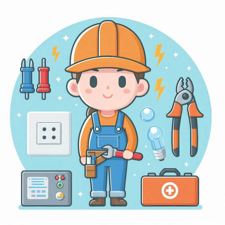 Cute cartoon man with tools. Electrician. Vector illustration.のイラスト素材
