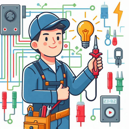Electrician with a screwdriver and electrical equipment. Cartoon vector illustration.のイラスト素材