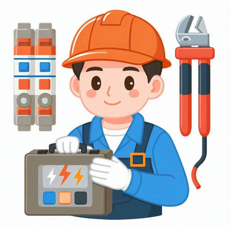 Illustration of a Male Technician Wearing a Hard Hat and Holding a Batteryのイラスト素材