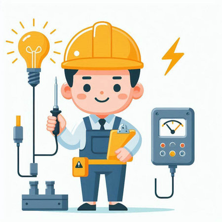 Cute little boy in helmet and work clothes with electric meter. Vector illustration.のイラスト素材