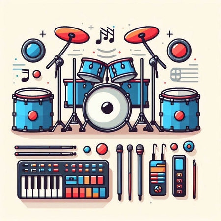 Drums and musical instruments set. Vector illustration in flat style.のイラスト素材