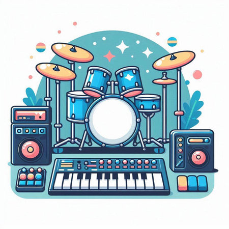 Drum set and musical instruments. Vector illustration in cartoon style.のイラスト素材
