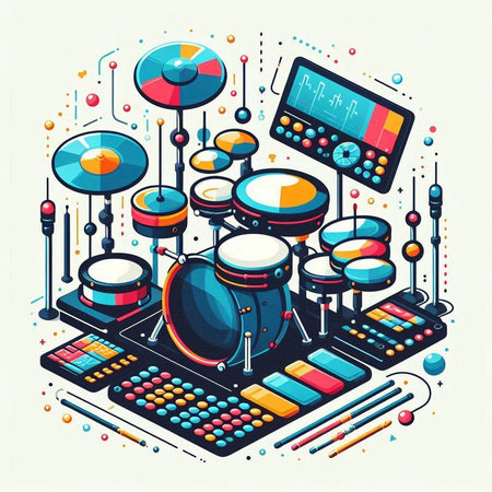 Drum kit isometric composition with musical instruments and electronic components vector illustrationのイラスト素材