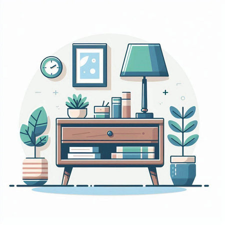 Flat design vector illustration concept of home interior with furniture and plants.のイラスト素材