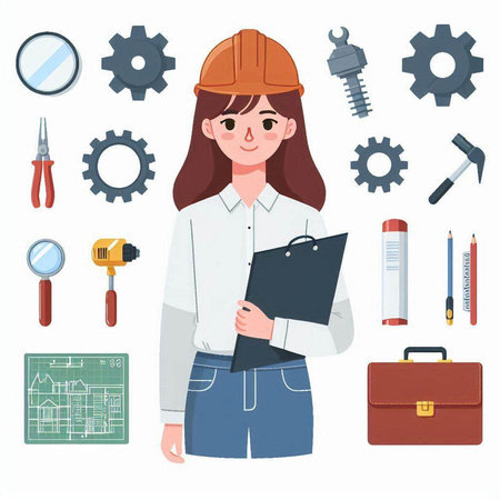 Female engineer or architect with various tools. Vector illustration in cartoon style.のイラスト素材
