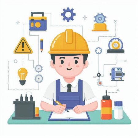 Engineer working with engineering tools on white background. Vector illustration.のイラスト素材