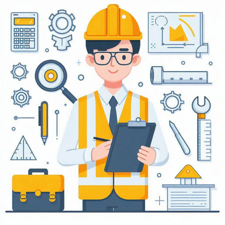 Engineer man in helmet with clipboard and tools. Vector illustration.のイラスト素材