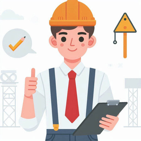 Engineer holding clipboard and showing thumbs up. Vector illustration in cartoon style.のイラスト素材