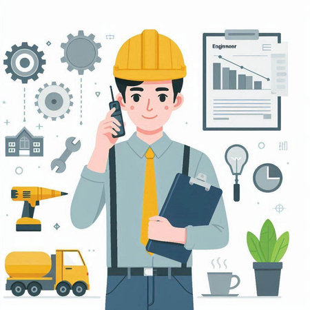Vector illustration of a construction worker talking on the phone. Flat style design.のイラスト素材